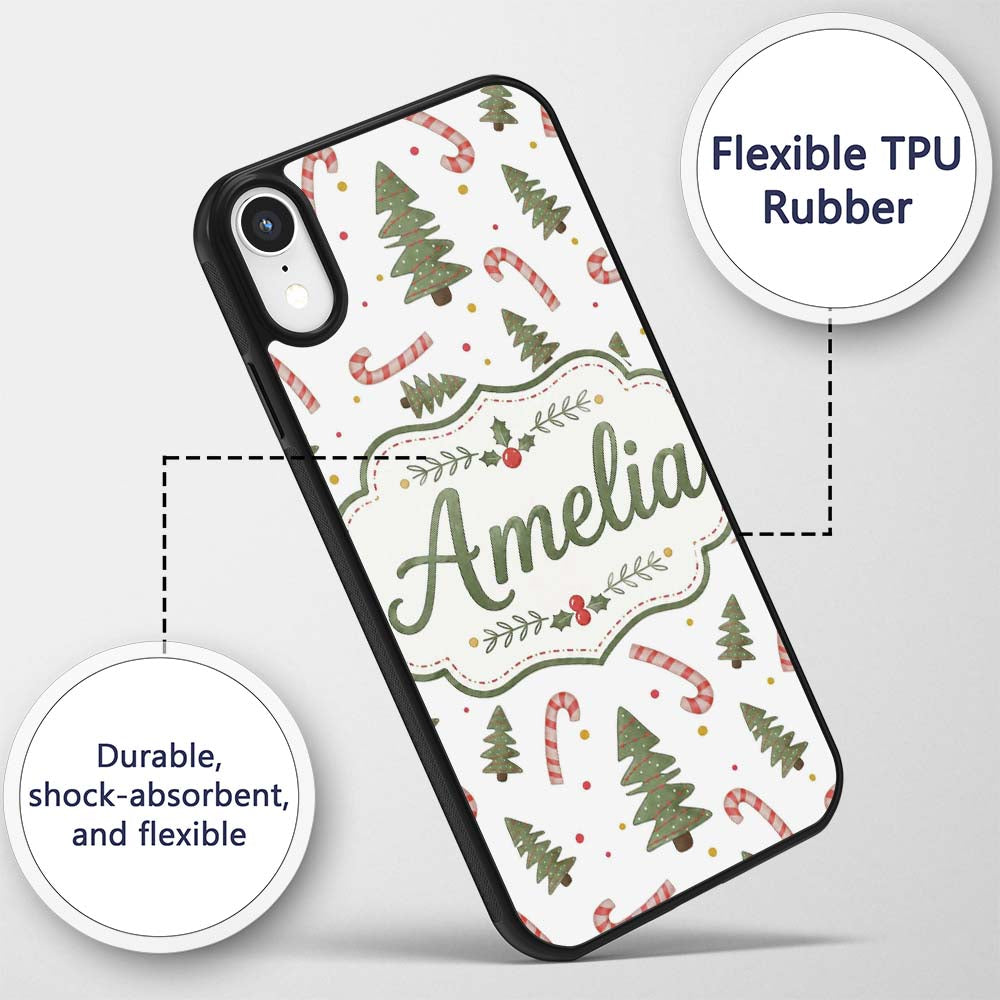Christmas Trees Candy Canes Snowflakes Holiday Custom Name Protective Phone Case Mobile Cover Durable Everyday Smartphone Shock Resistant