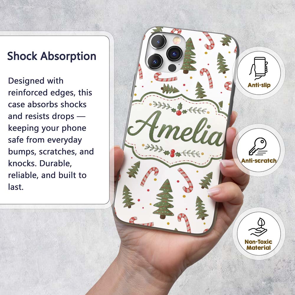 Christmas Trees Candy Canes Snowflakes Holiday Custom Name Protective Phone Case Mobile Cover Durable Everyday Smartphone Shock Resistant