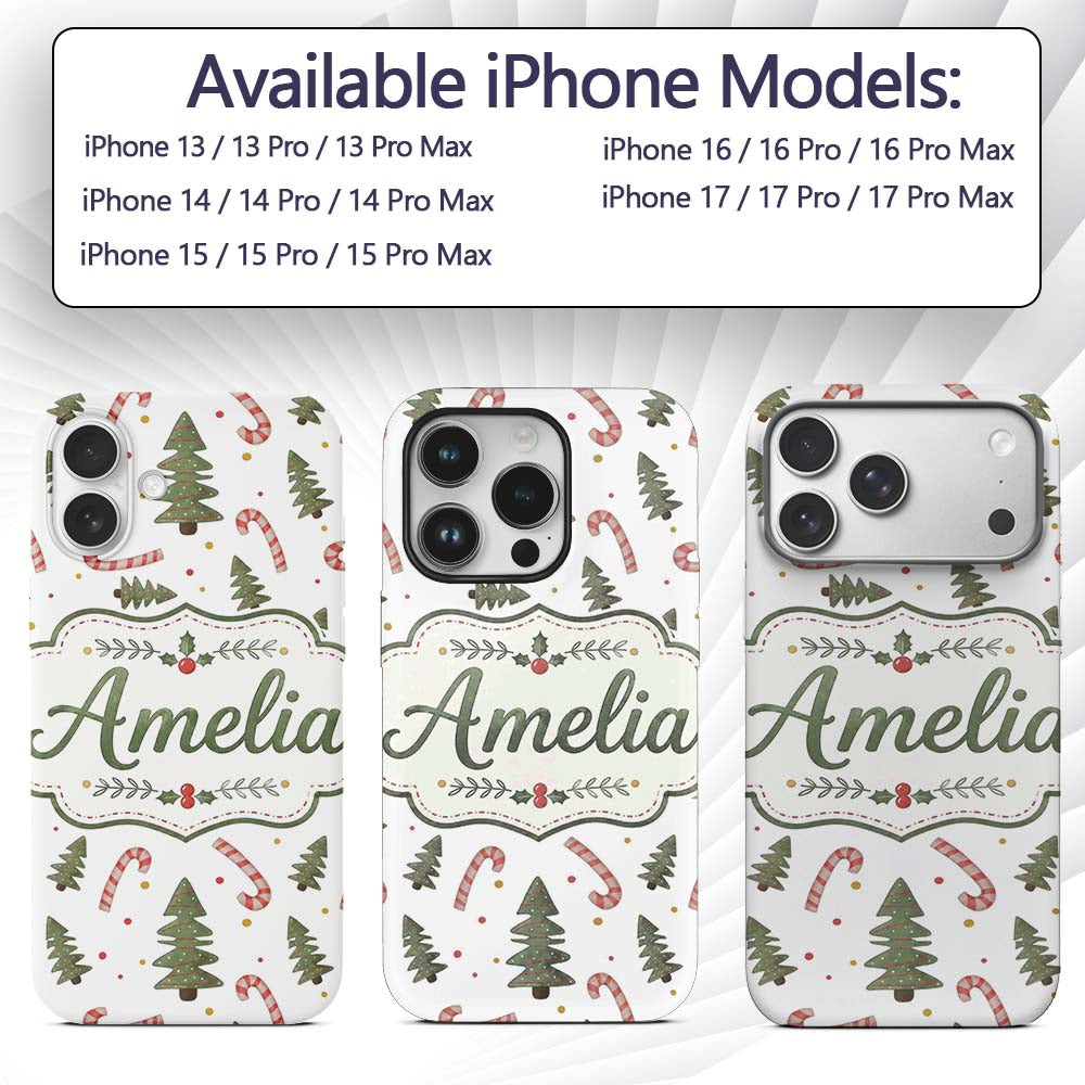 Christmas Trees Candy Canes Snowflakes Holiday Custom Name Protective Phone Case Mobile Cover Durable Everyday Smartphone Shock Resistant