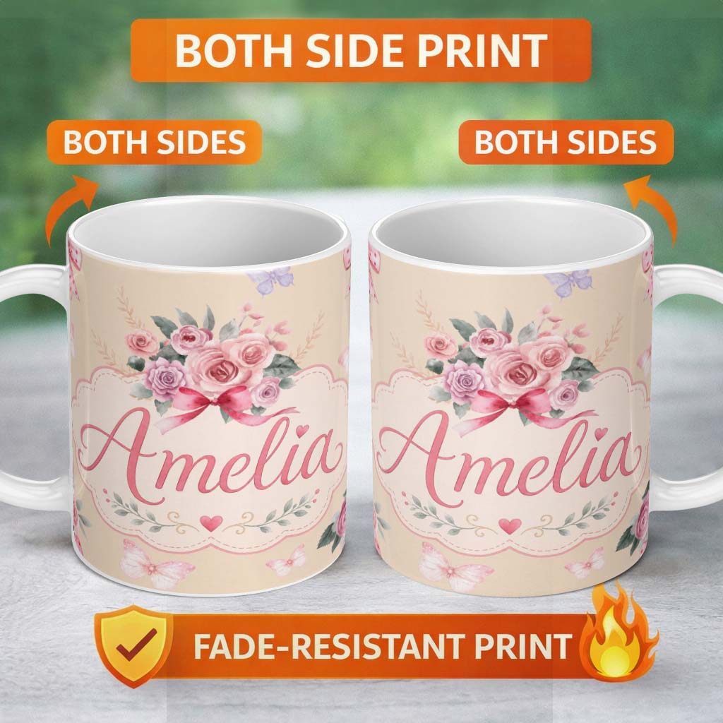 Personalized Custom Name Cute Watercolor Roses Bouquet with Red Ribbon Warm Beige Background 11oz Ceramic Coffee Tea Mug White Large Handle