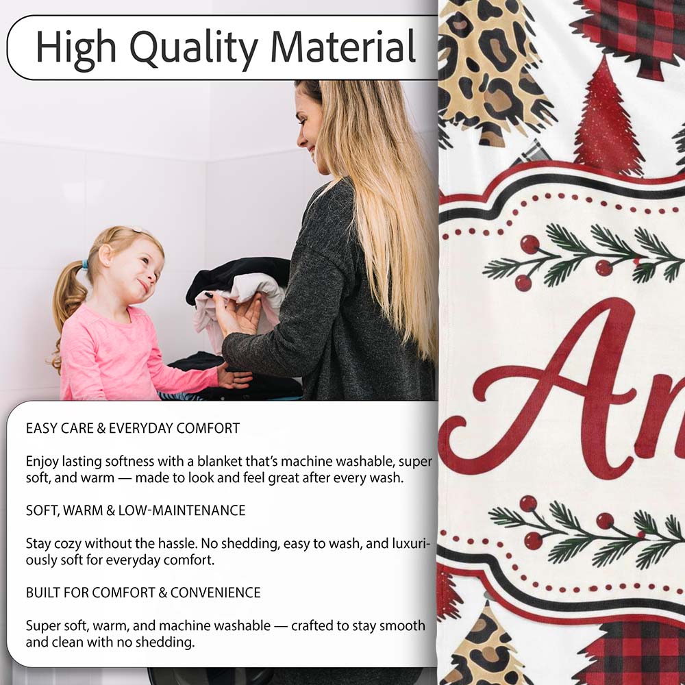 Leopard Plaid and Festive Christmas Trees Modern Seamless Pattern Personalised Custom Name Super Soft Fleece Blanket Bed Sofa Throw