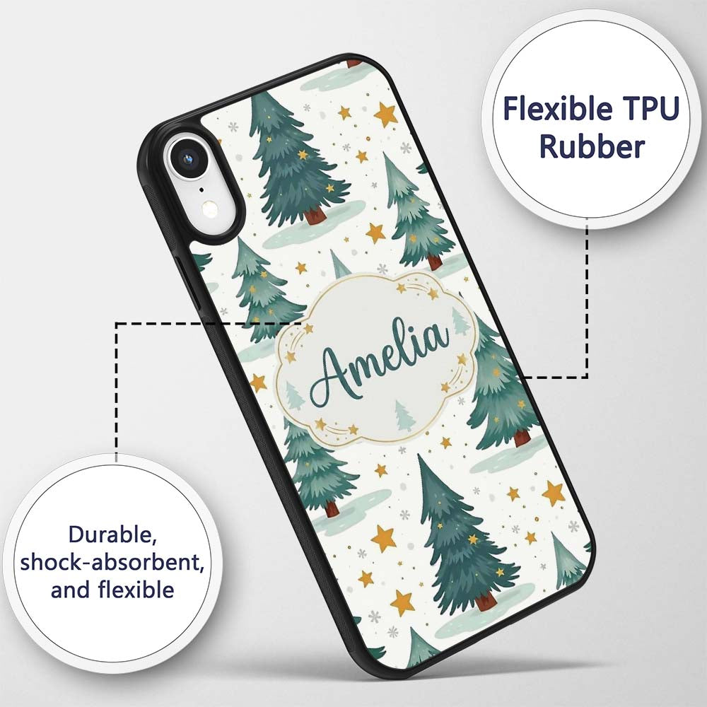 Snowy Christmas Pine Trees with Golden Stars Custom Name Protective Phone Case Mobile Cover Durable Everyday Smartphone Shock Resistant
