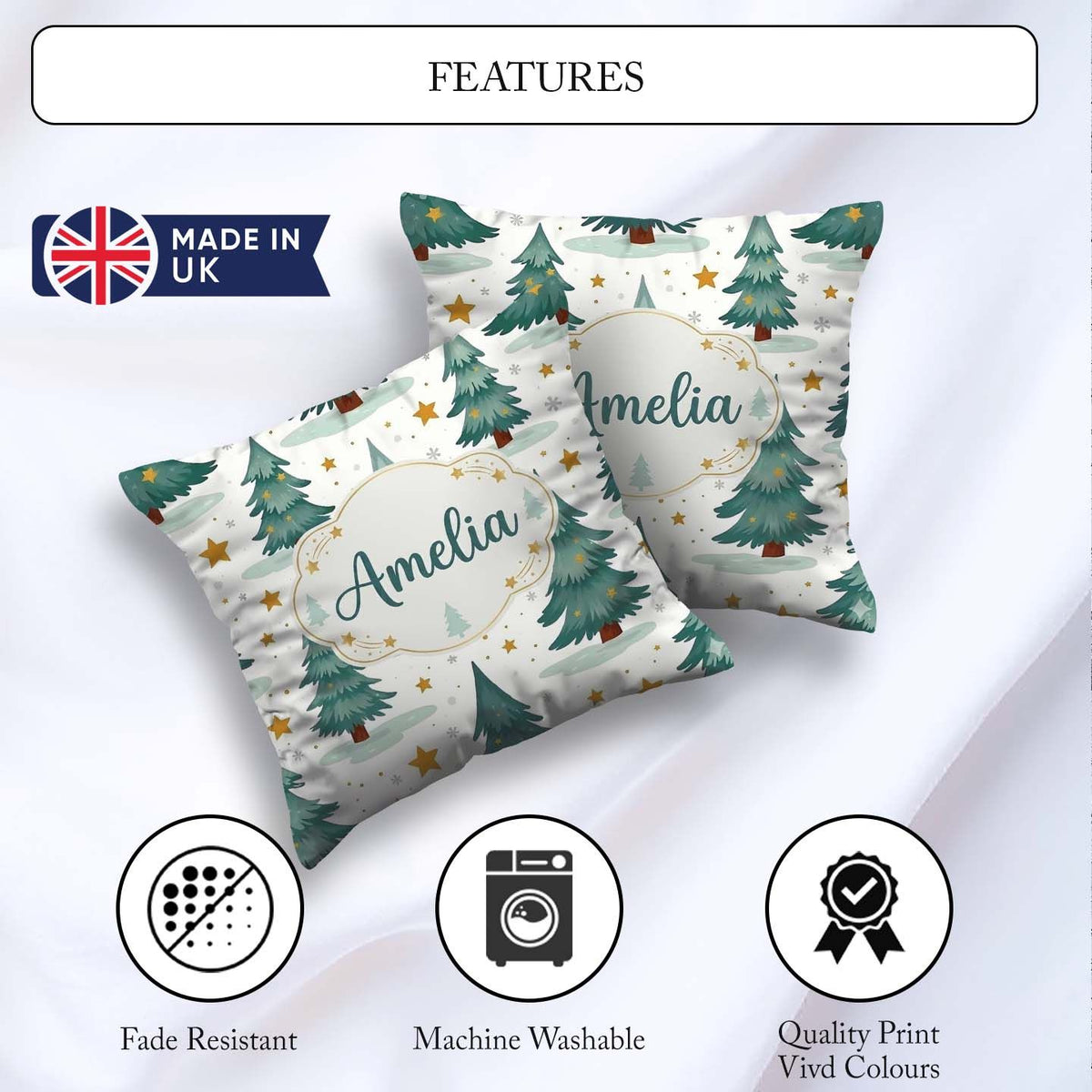 Custom Name Snowy Christmas Pine Trees with Golden Stars Pattern Square Filled Cushion Throw Pillow Sofa Bed Home Decor Zip Washable UK Made