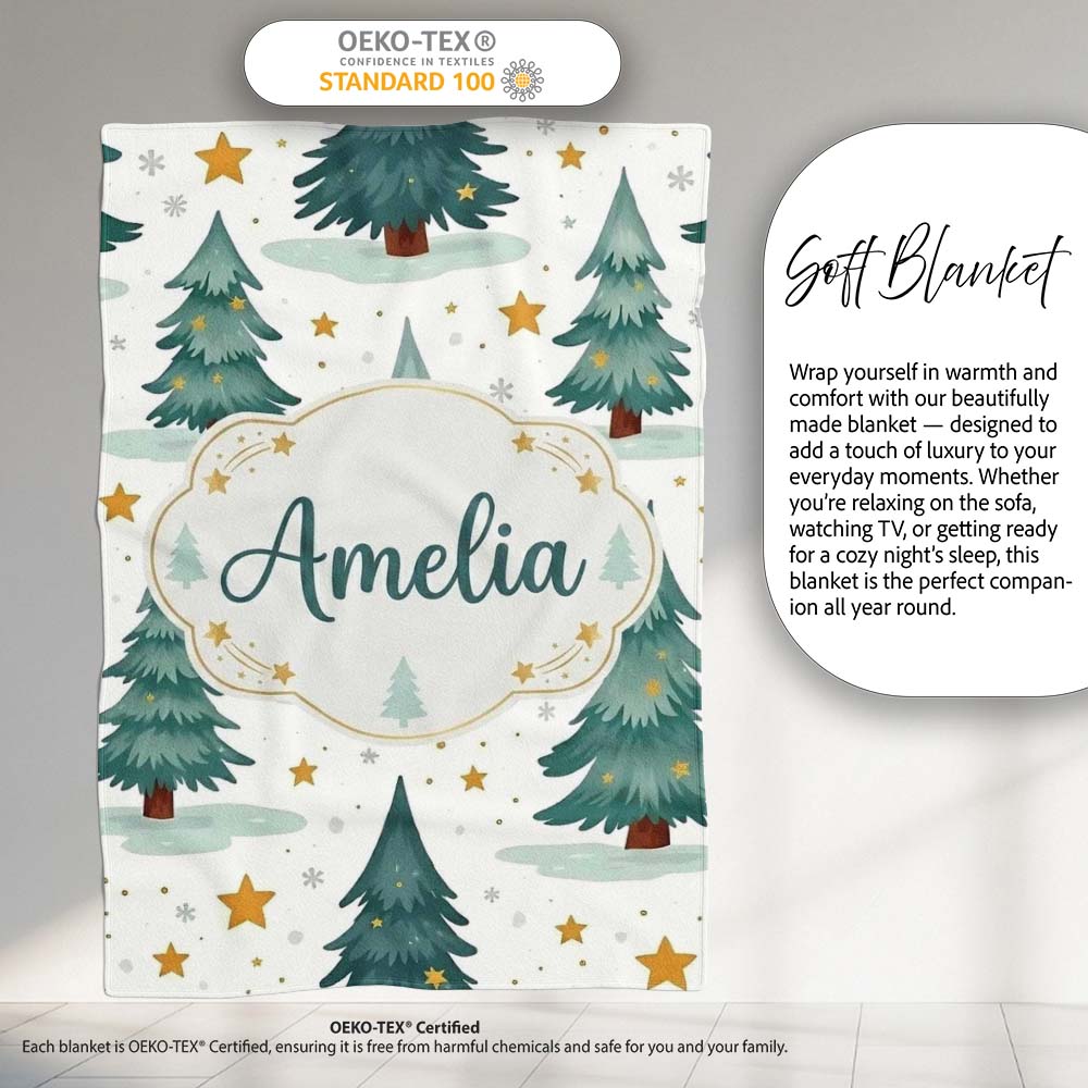 Snowy Christmas Pine Trees with Golden Stars Winter Seamless Pattern Personalised Custom Name Super Soft Fleece Blanket Bed Sofa Throw