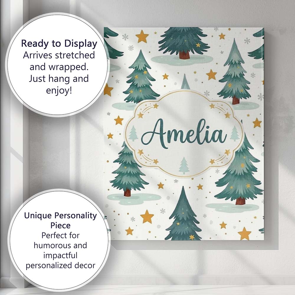 Personalised Name Snowy Christmas Pine Custom Modern Room Accent Elegant Feature Canvas Wall Art Print Decor Picture Ready to Hang