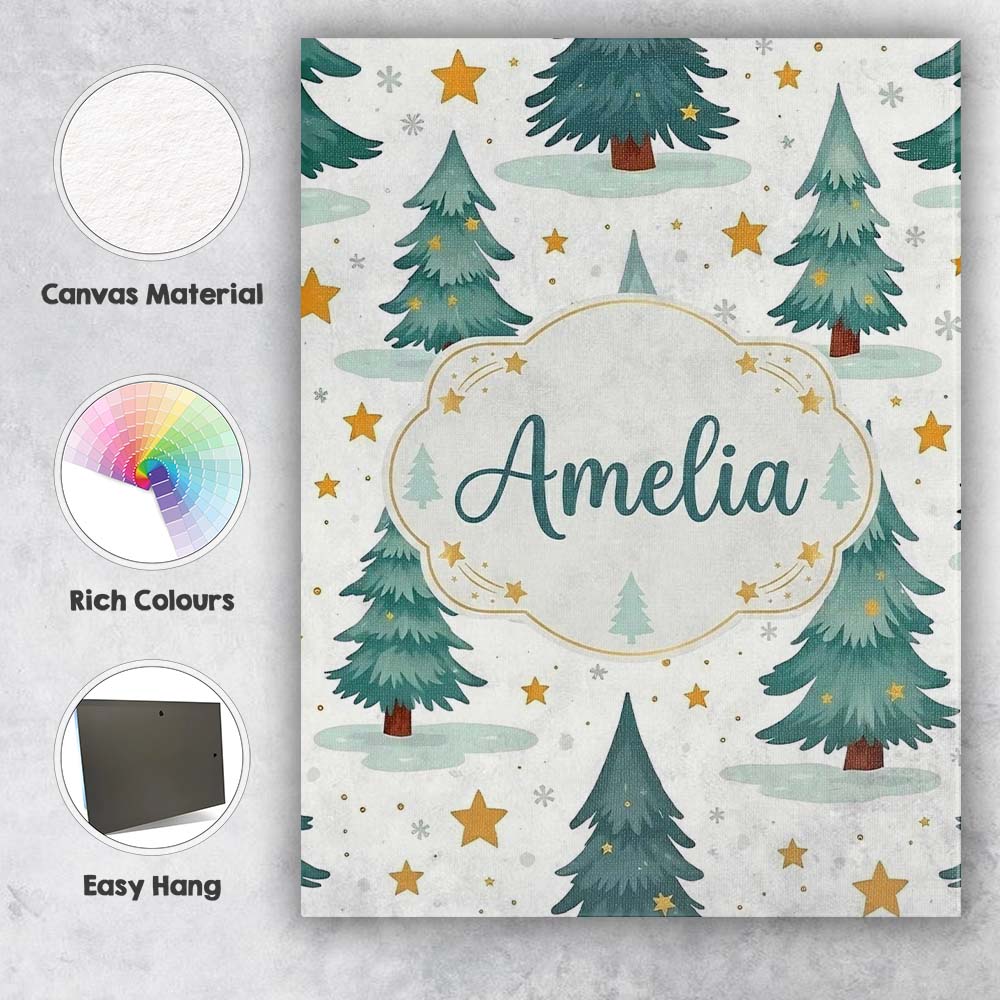 Personalised Name Snowy Christmas Pine Custom Modern Room Accent Elegant Feature Canvas Wall Art Print Decor Picture Ready to Hang