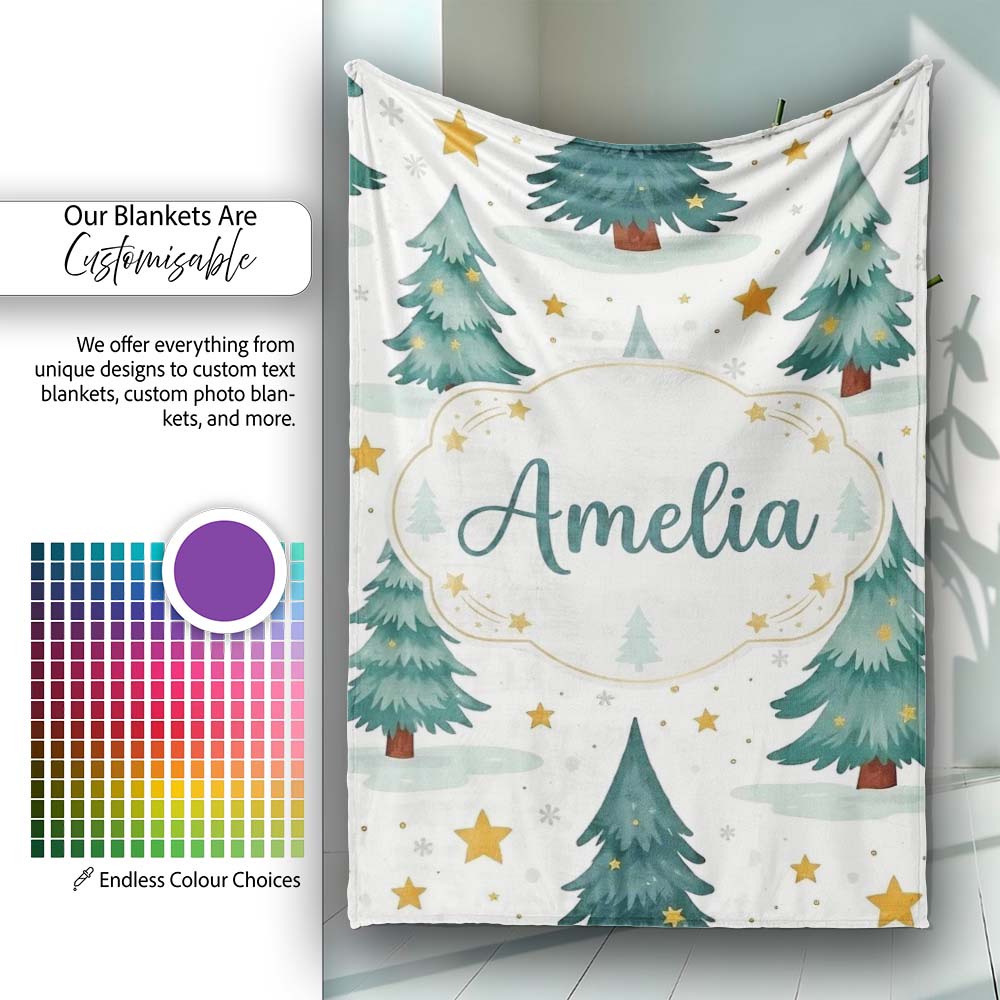 Snowy Christmas Pine Trees with Golden Stars Winter Seamless Pattern Personalised Custom Name Super Soft Fleece Blanket Bed Sofa Throw