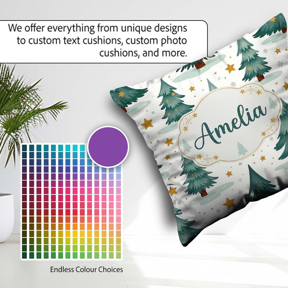 Custom Name Snowy Christmas Pine Trees with Golden Stars Pattern Square Filled Cushion Throw Pillow Sofa Bed Home Decor Zip Washable UK Made