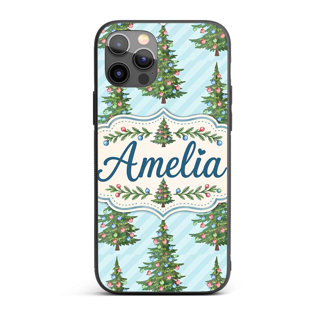 Decorated Christmas Trees with Colorful Baubles Custom Name Protective Phone Case Mobile Cover Durable Everyday Smartphone Shock Resistant