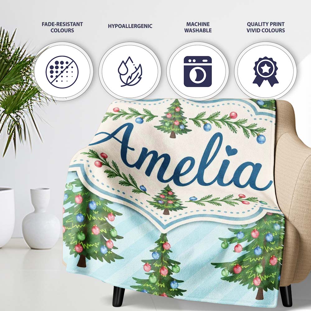 Decorated Christmas Trees with Colorful Baubles on Blue Striped Personalised Custom Name Super Soft Fleece Blanket Bed Sofa Throw