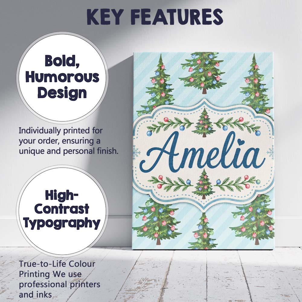 Personalised Name Decorated Christmas Trees Custom Bespoke Interior Contemporary Canvas Wall Art Print Decor Picture Ready to Hang