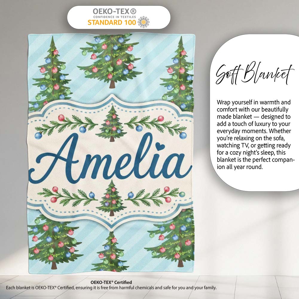 Decorated Christmas Trees with Colorful Baubles on Blue Striped Personalised Custom Name Super Soft Fleece Blanket Bed Sofa Throw