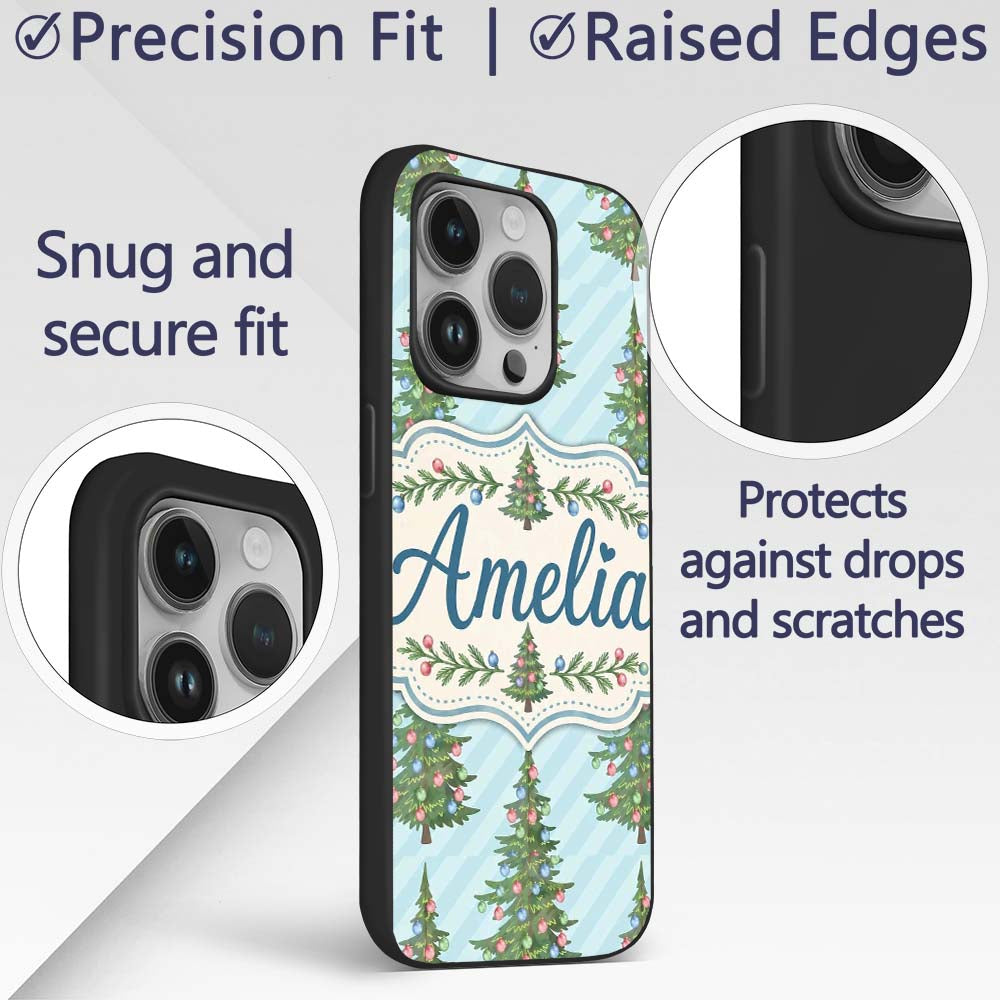 Decorated Christmas Trees with Colorful Baubles Custom Name Protective Phone Case Mobile Cover Durable Everyday Smartphone Shock Resistant
