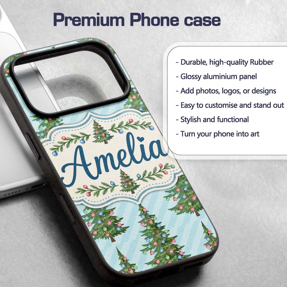 Decorated Christmas Trees with Colorful Baubles Custom Name Protective Phone Case Mobile Cover Durable Everyday Smartphone Shock Resistant