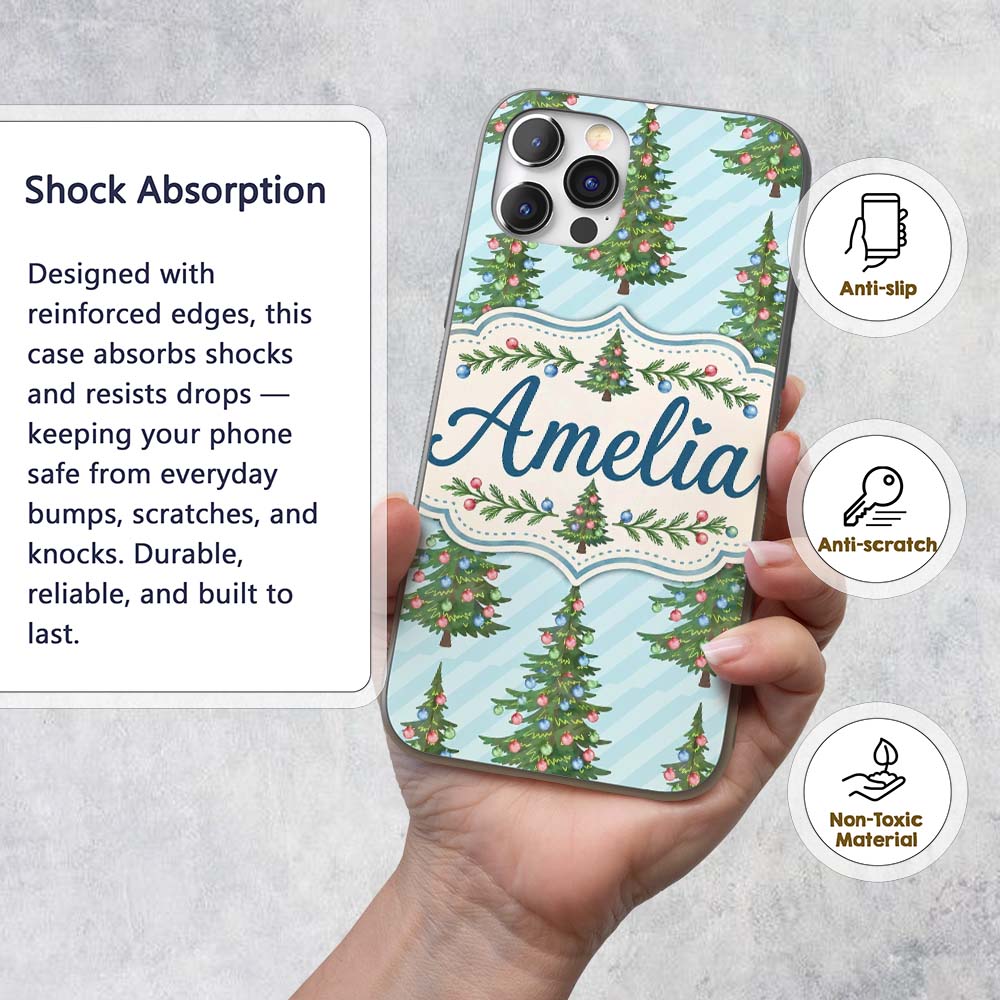 Decorated Christmas Trees with Colorful Baubles Custom Name Protective Phone Case Mobile Cover Durable Everyday Smartphone Shock Resistant