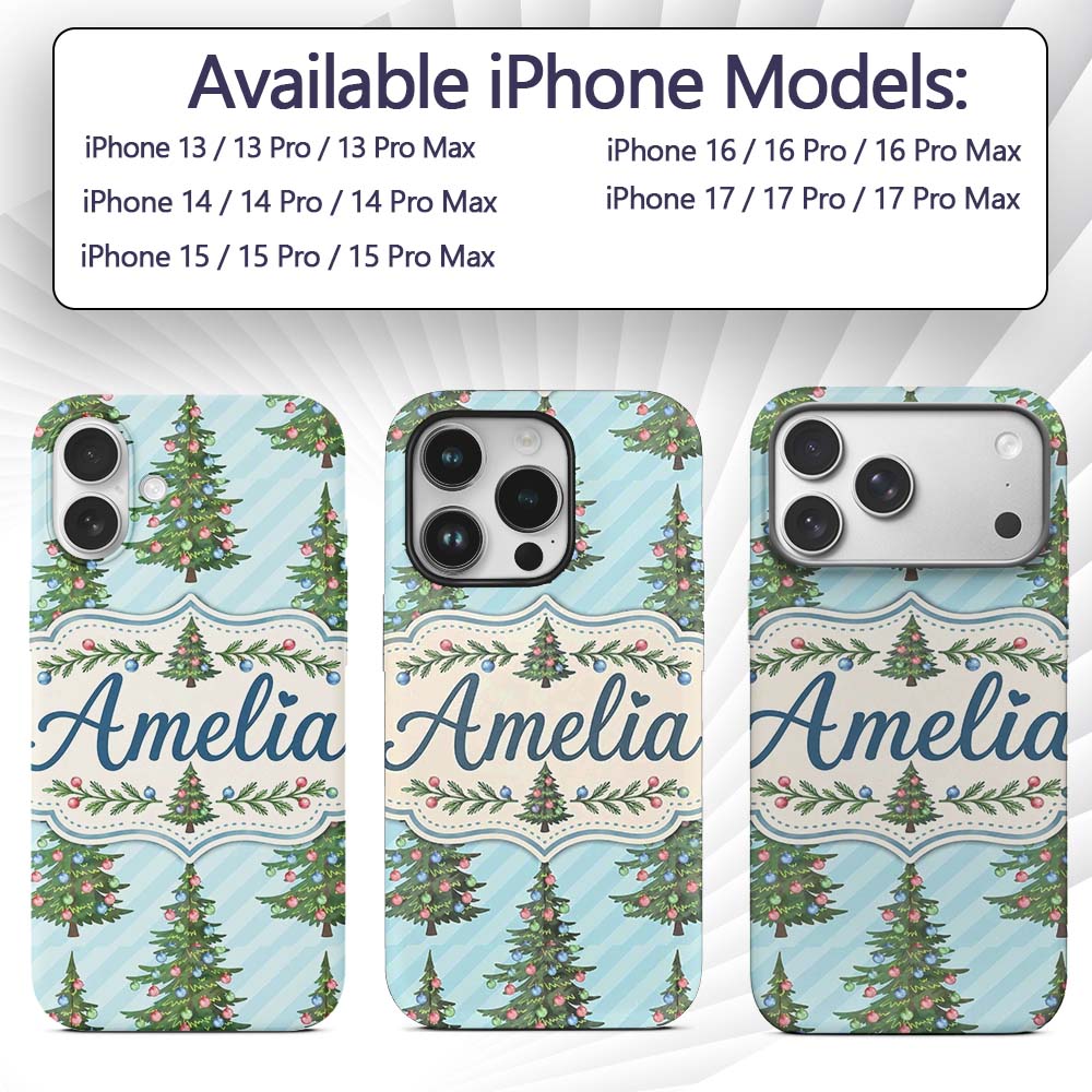 Decorated Christmas Trees with Colorful Baubles Custom Name Protective Phone Case Mobile Cover Durable Everyday Smartphone Shock Resistant