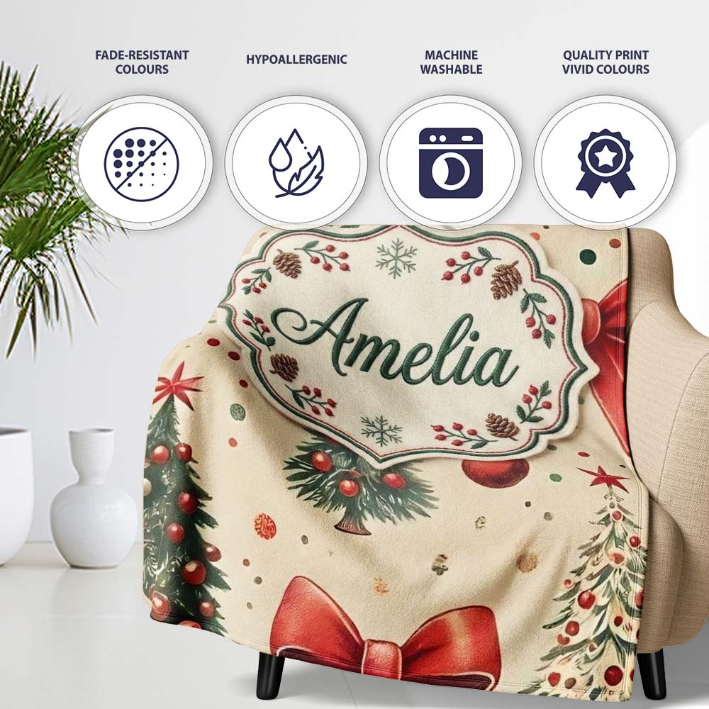 Vintage Christmas Trees with Red Bows Ornaments and Snowflakes Personalised Custom Name Super Soft Fleece Blanket Bed Sofa Throw