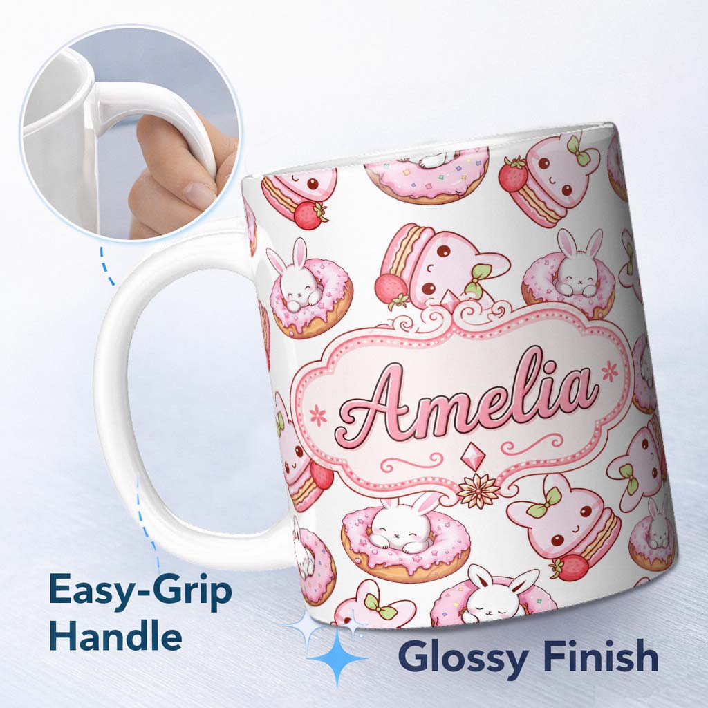 Personalized Custom Name Cute Kawaii Bunny Donuts Strawberry Dessert Pattern Light Grey 11oz Ceramic Coffee Tea Mug White Large Handle