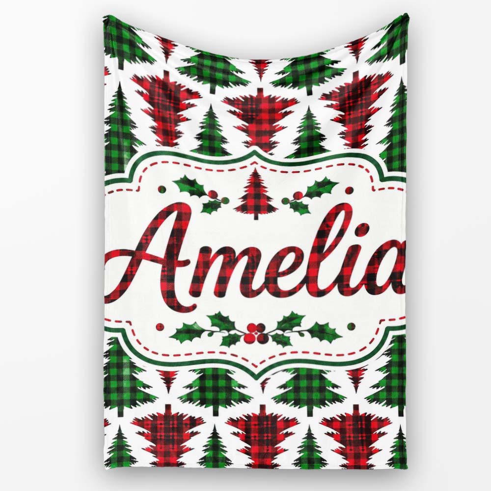 Buffalo Plaid Christmas Trees in Red and Green Rustic Seamless Personalised Custom Name Super Soft Fleece Blanket Bed Sofa Throw