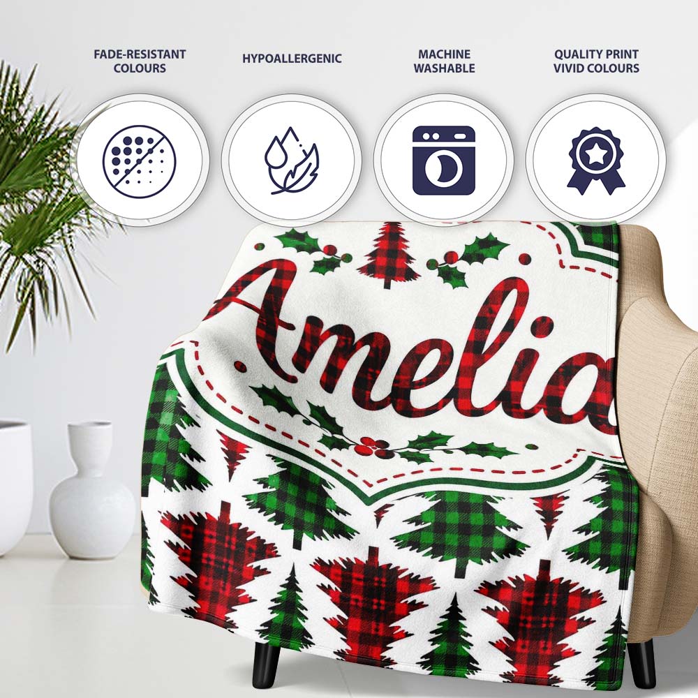 Buffalo Plaid Christmas Trees in Red and Green Rustic Seamless Personalised Custom Name Super Soft Fleece Blanket Bed Sofa Throw