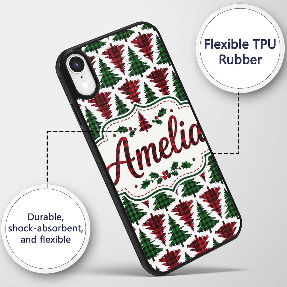 Buffalo Plaid Christmas Trees in Red and Green Custom Name Protective Phone Case Mobile Cover Durable Everyday Smartphone Shock Resistant