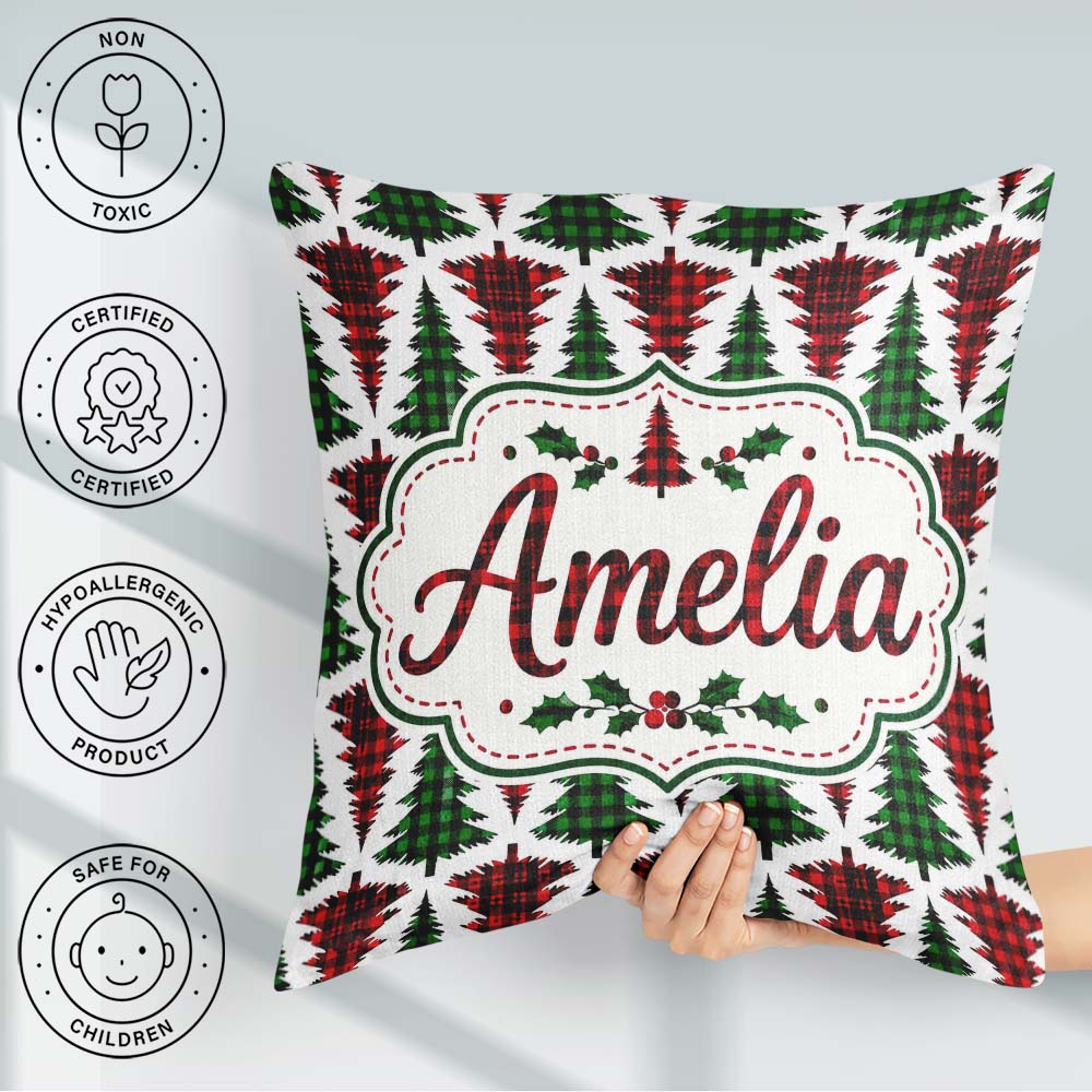 Custom Name Buffalo Plaid Trees in Red and Green Rustic Seamless Square Filled Cushion Throw Pillow Sofa Bed Home Decor Zip Washable UK Made