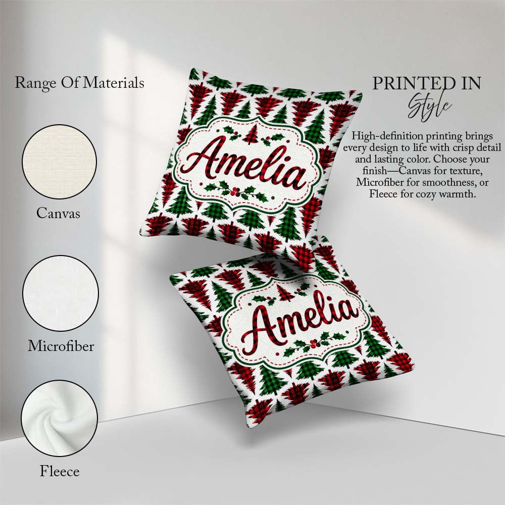 Custom Name Buffalo Plaid Trees in Red and Green Rustic Seamless Square Filled Cushion Throw Pillow Sofa Bed Home Decor Zip Washable UK Made