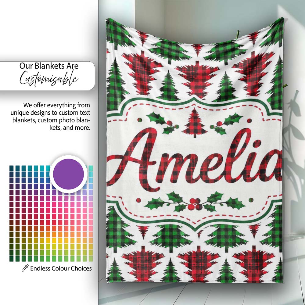 Buffalo Plaid Christmas Trees in Red and Green Rustic Seamless Personalised Custom Name Super Soft Fleece Blanket Bed Sofa Throw