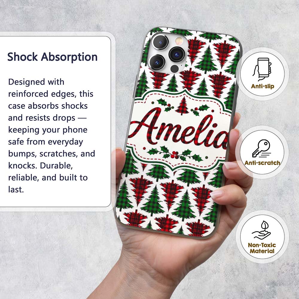 Buffalo Plaid Christmas Trees in Red and Green Custom Name Protective Phone Case Mobile Cover Durable Everyday Smartphone Shock Resistant