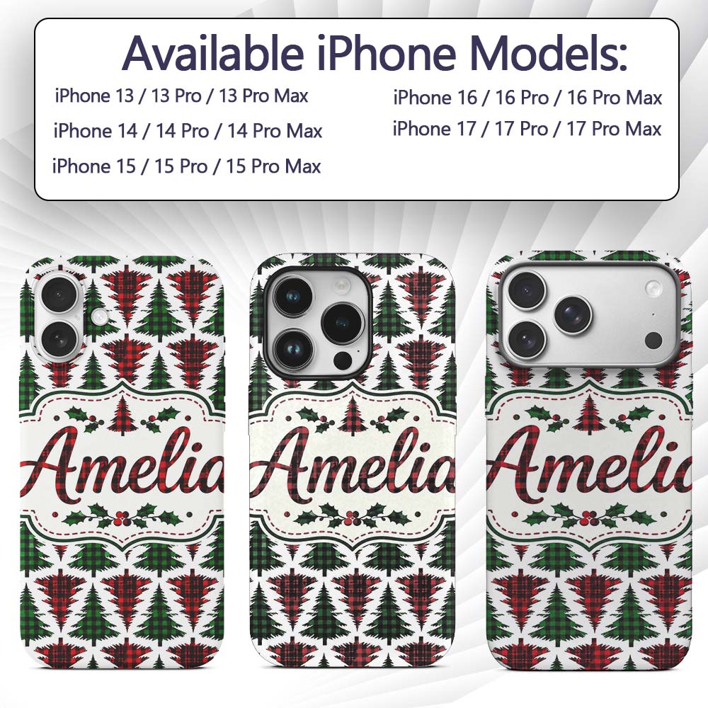 Buffalo Plaid Christmas Trees in Red and Green Custom Name Protective Phone Case Mobile Cover Durable Everyday Smartphone Shock Resistant