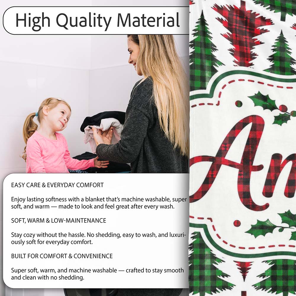 Buffalo Plaid Christmas Trees in Red and Green Rustic Seamless Personalised Custom Name Super Soft Fleece Blanket Bed Sofa Throw
