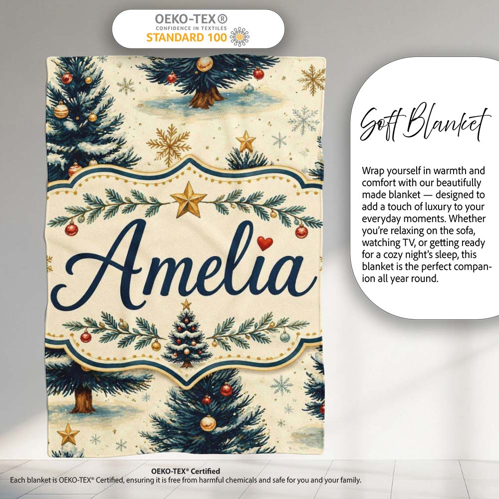Watercolor Snowy Christmas Trees with Gold Snowflakes Seamless Personalised Custom Name Super Soft Fleece Blanket Bed Sofa Throw