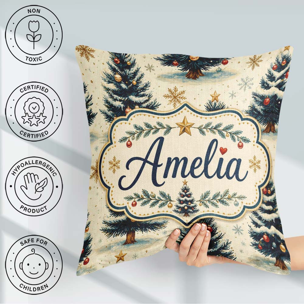 Custom Name Watercolor Snowy Trees with Gold Snowflakes Seamless Square Filled Cushion Throw Pillow Sofa Bed Home Decor Zip Washable UK Made