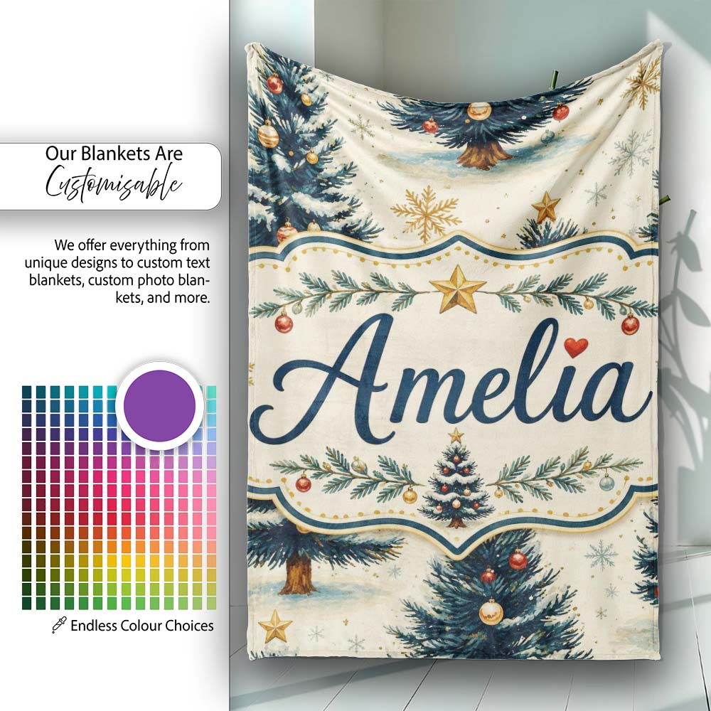 Watercolor Snowy Christmas Trees with Gold Snowflakes Seamless Personalised Custom Name Super Soft Fleece Blanket Bed Sofa Throw