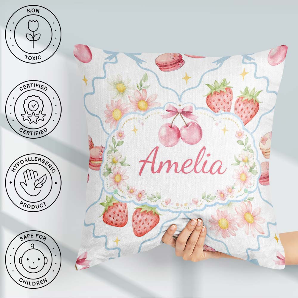 Custom Name Cherry Daisy White Blue Outline Cute Coquette Floral Square Filled Cushion Throw Pillow Sofa Bed Home Decor Zip Washable UK Made