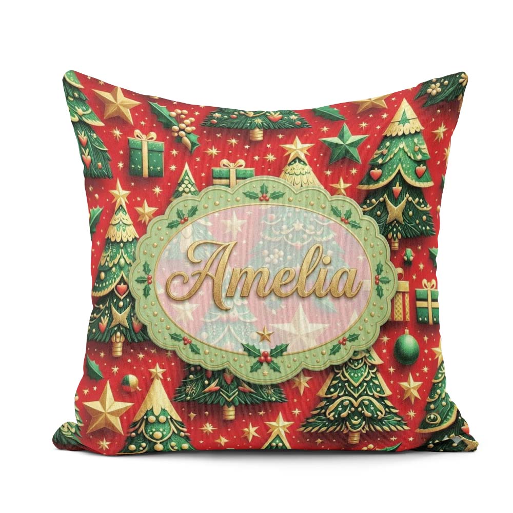 Custom Name Luxury Christmas Trees with Gold Stars Gifts and Red Square Filled Cushion Throw Pillow Sofa Bed Home Decor Zip Washable UK Made