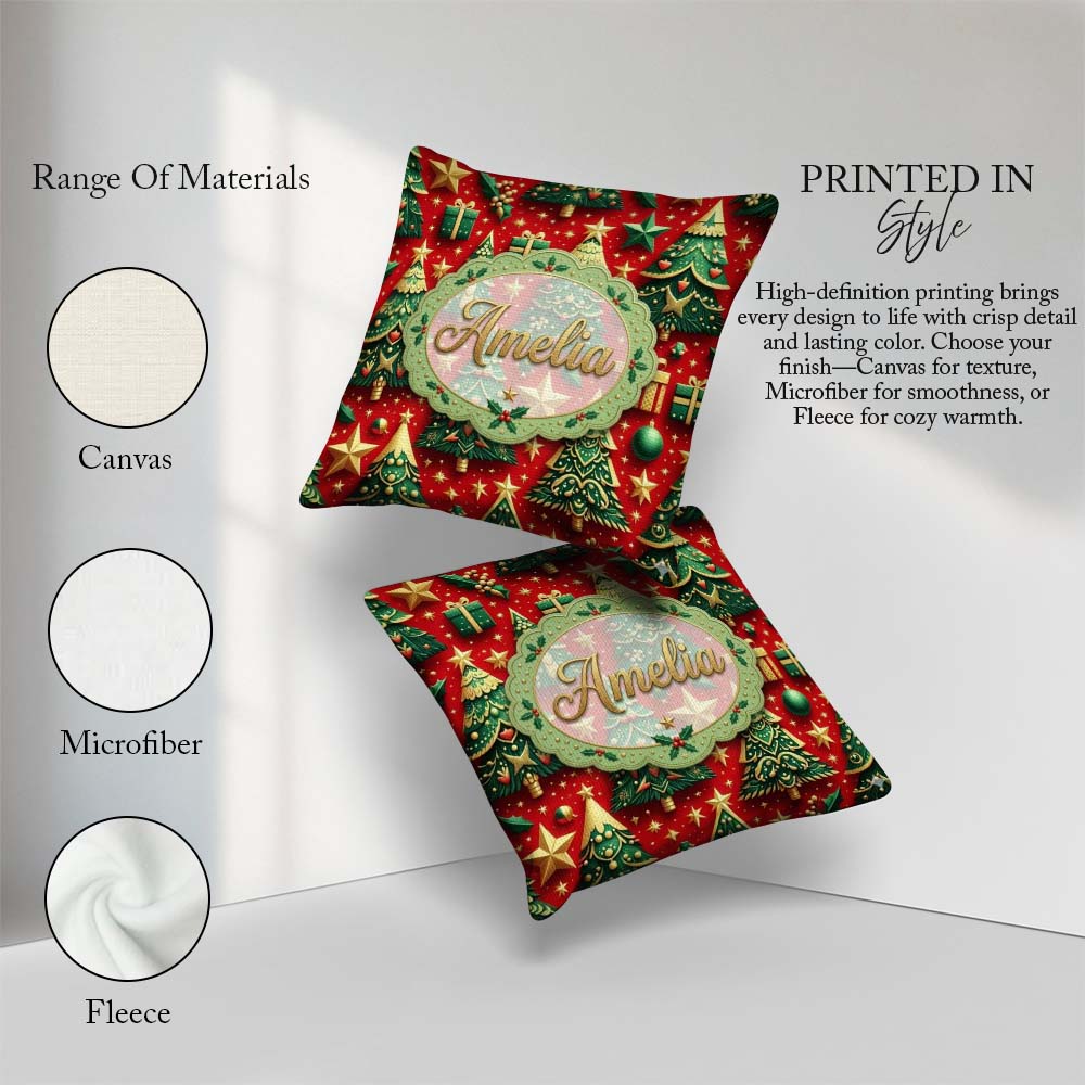 Custom Name Luxury Christmas Trees with Gold Stars Gifts and Red Square Filled Cushion Throw Pillow Sofa Bed Home Decor Zip Washable UK Made