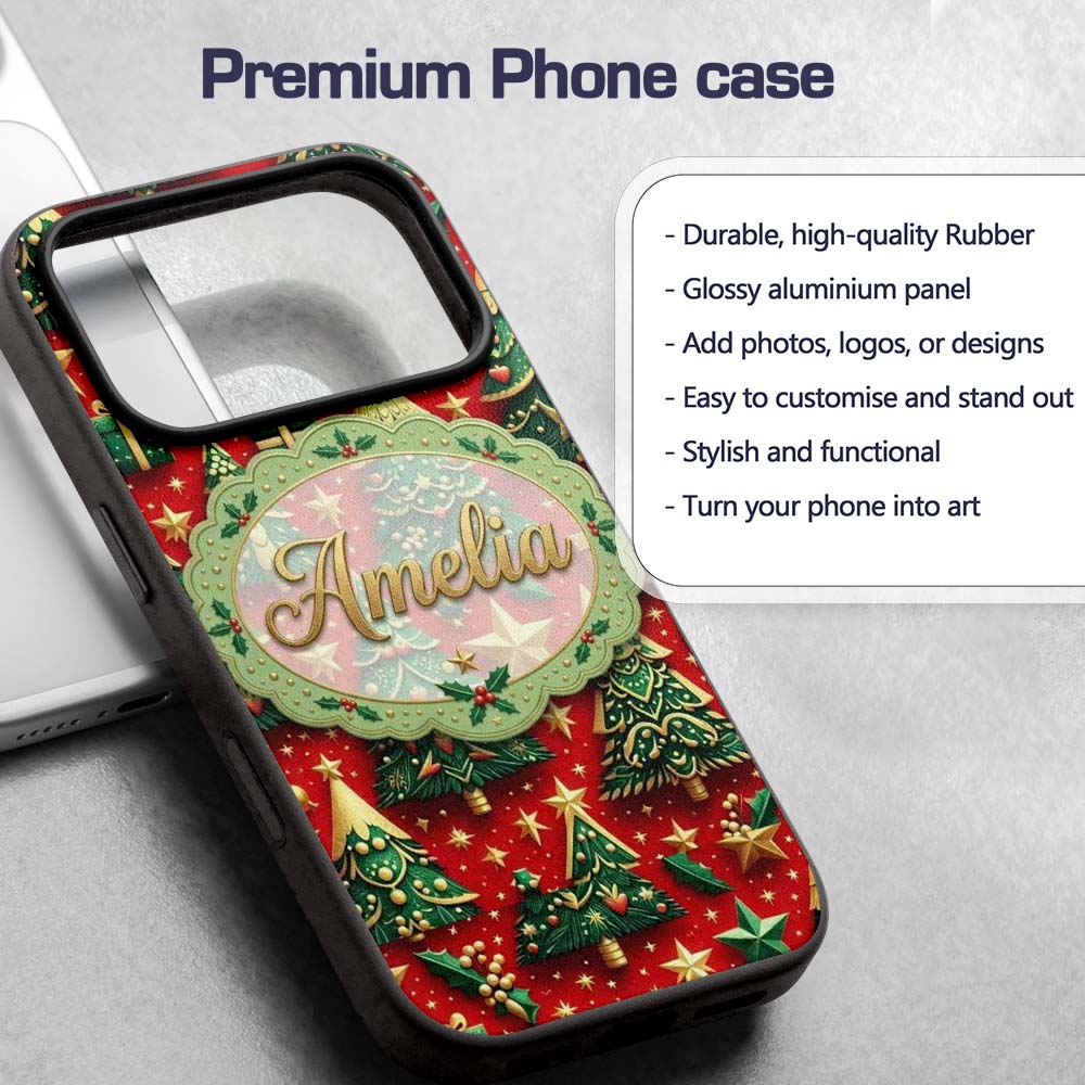 Luxury Christmas Trees with Gold Stars Gifts and Custom Name Protective Phone Case Mobile Cover Durable Everyday Smartphone Shock Resistant