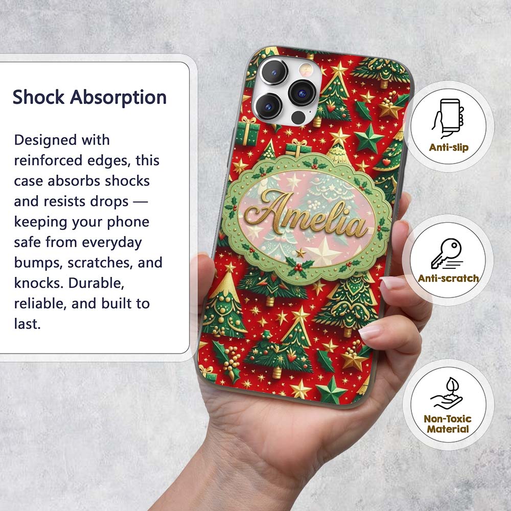 Luxury Christmas Trees with Gold Stars Gifts and Custom Name Protective Phone Case Mobile Cover Durable Everyday Smartphone Shock Resistant