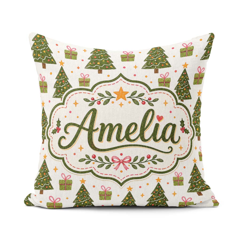 Custom Name Minimal Trees with Small Gifts Cute Holiday Seamless Square Filled Cushion Throw Pillow Sofa Bed Home Decor Zip Washable UK Made