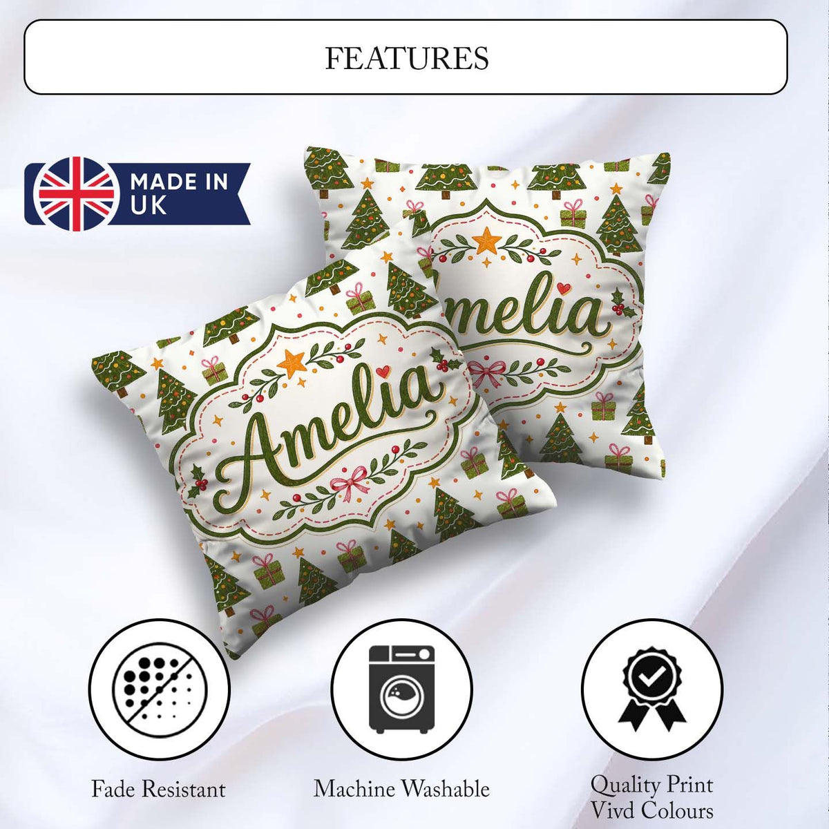 Custom Name Minimal Trees with Small Gifts Cute Holiday Seamless Square Filled Cushion Throw Pillow Sofa Bed Home Decor Zip Washable UK Made