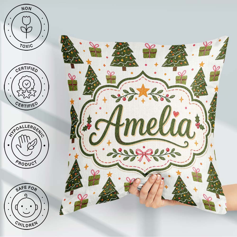 Custom Name Minimal Trees with Small Gifts Cute Holiday Seamless Square Filled Cushion Throw Pillow Sofa Bed Home Decor Zip Washable UK Made