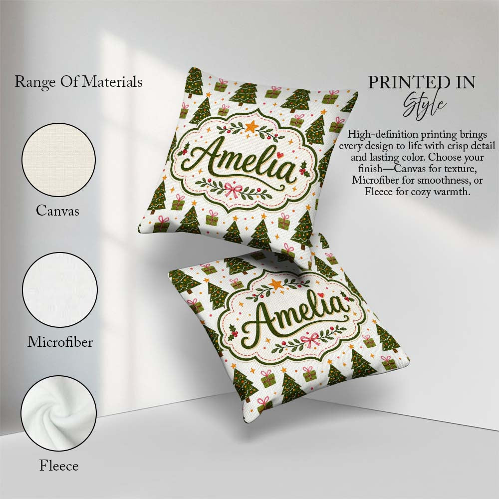Custom Name Minimal Trees with Small Gifts Cute Holiday Seamless Square Filled Cushion Throw Pillow Sofa Bed Home Decor Zip Washable UK Made