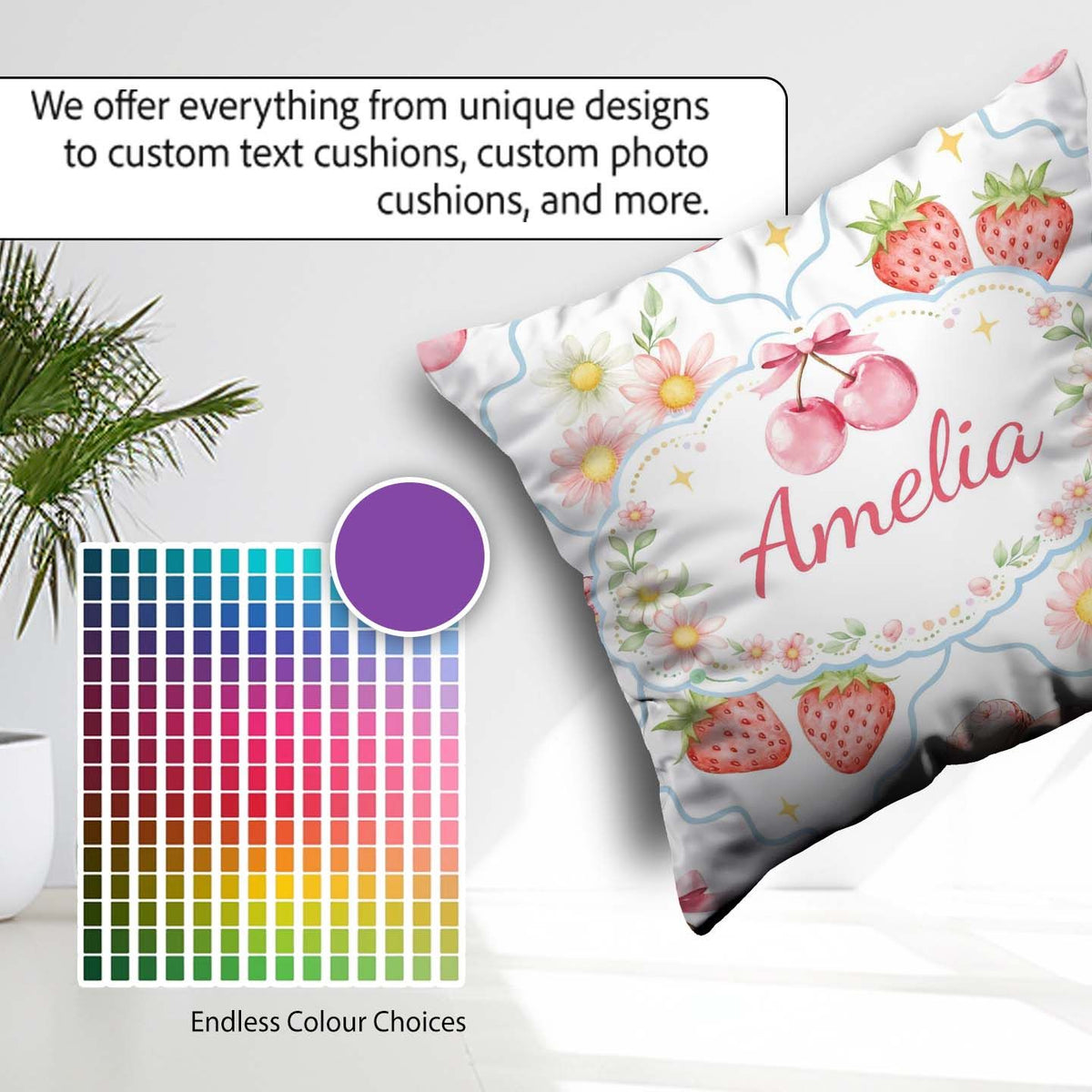 Custom Name Cherry Daisy White Blue Outline Cute Coquette Floral Square Filled Cushion Throw Pillow Sofa Bed Home Decor Zip Washable UK Made