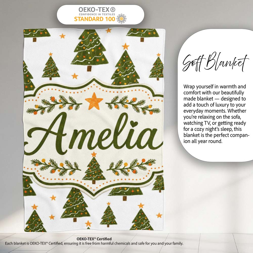Cute Christmas Trees with Golden Stars Minimal Holiday Seamless Personalised Custom Name Super Soft Fleece Blanket Bed Sofa Throw