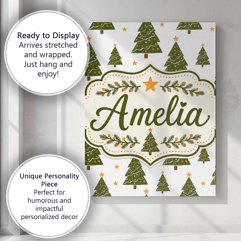 Personalised Name Cute Christmas Trees with Custom Bespoke Interior Contemporary Canvas Wall Art Print Decor Picture Ready to Hang