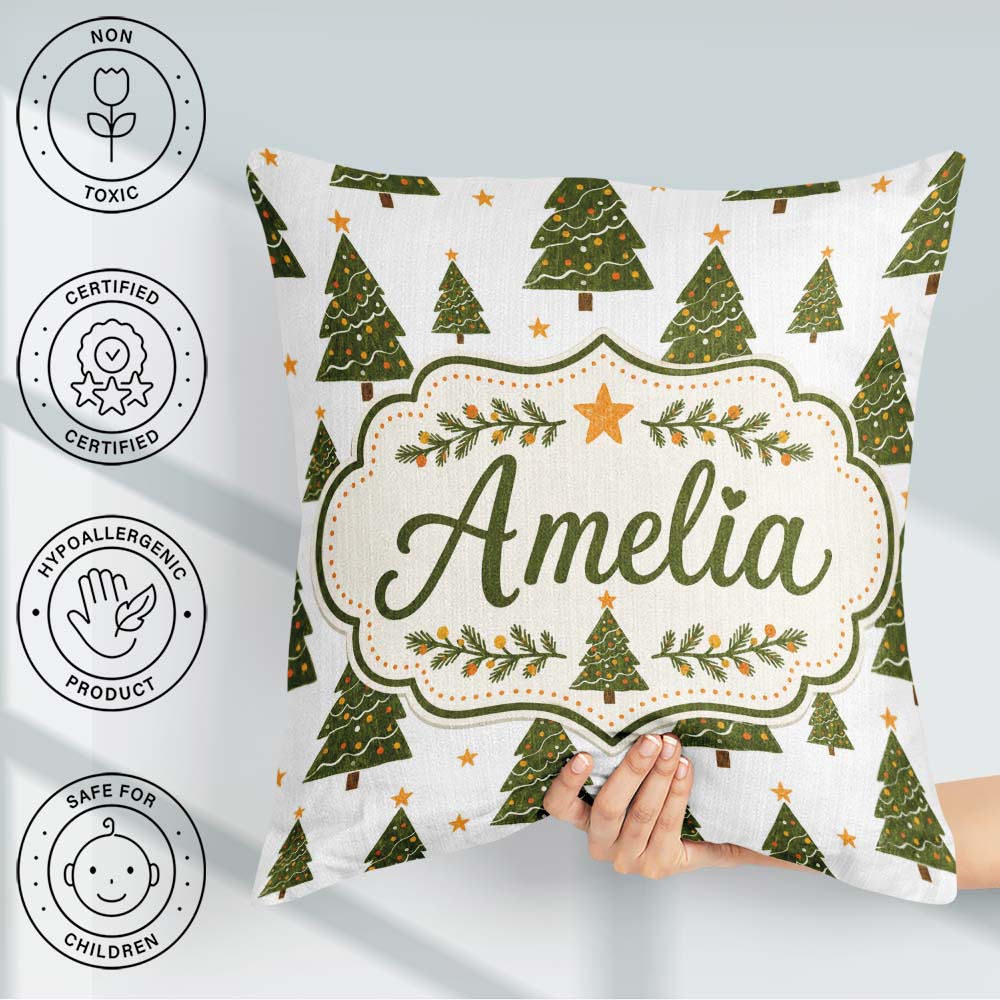 Custom Name Christmas Trees with Golden Minimal Holiday Seamless Square Filled Cushion Throw Pillow Sofa Bed Home Decor Zip Washable UK Made