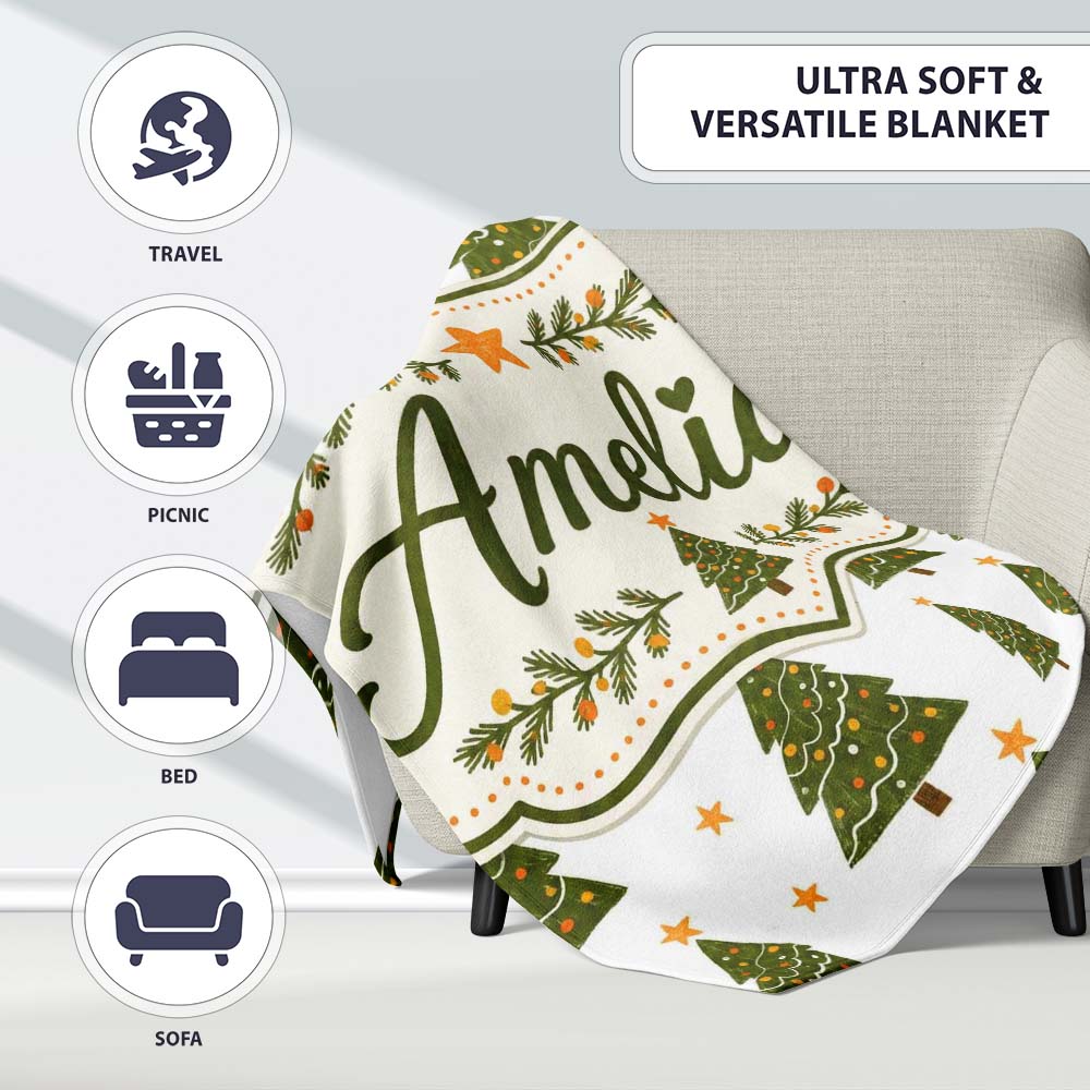 Cute Christmas Trees with Golden Stars Minimal Holiday Seamless Personalised Custom Name Super Soft Fleece Blanket Bed Sofa Throw