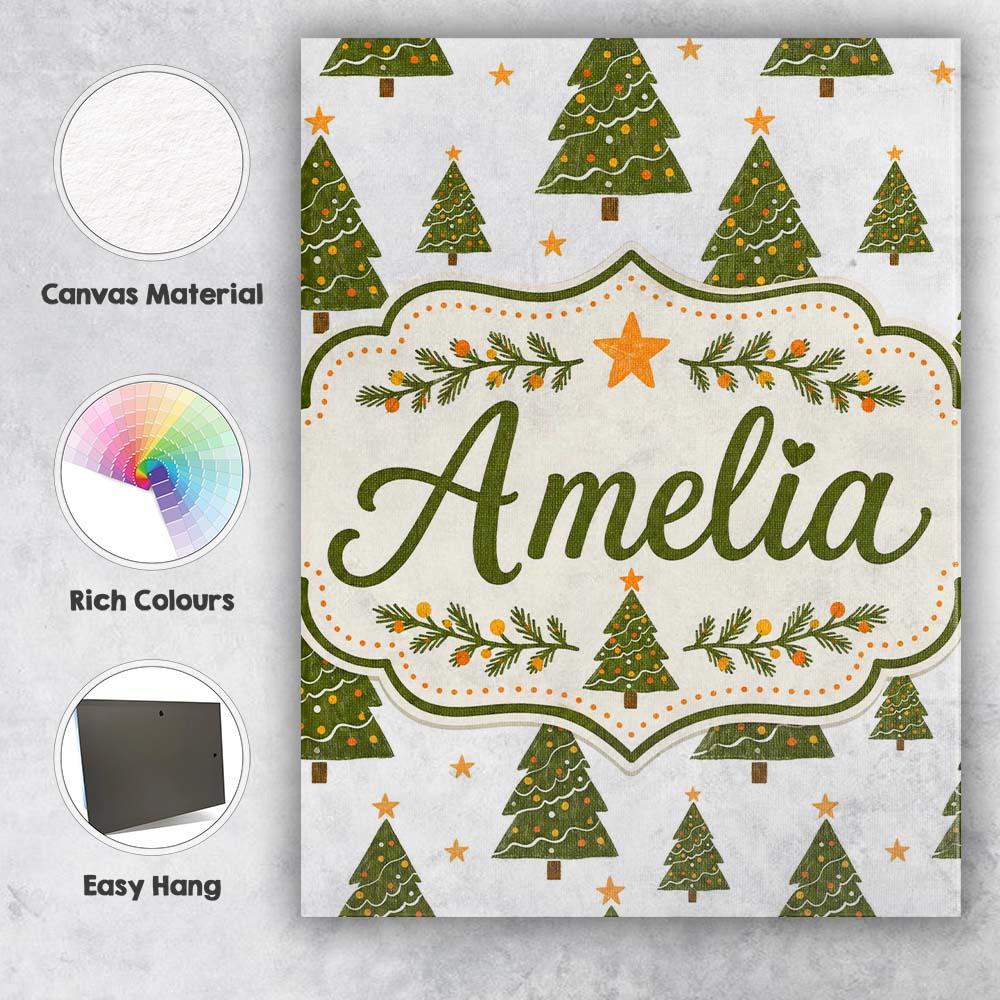 Personalised Name Cute Christmas Trees with Custom Bespoke Interior Contemporary Canvas Wall Art Print Decor Picture Ready to Hang