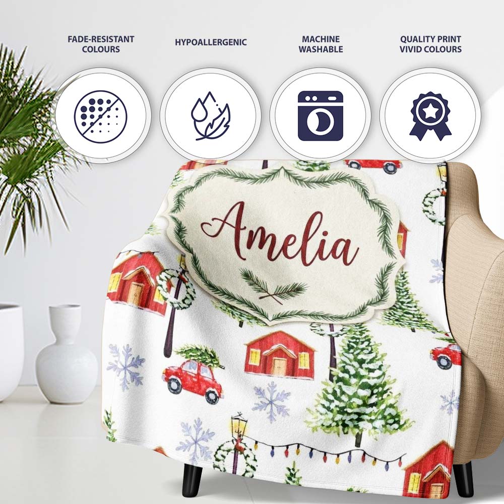 Watercolor Christmas Village with Red Houses Cars and Snowy Trees Personalised Custom Name Super Soft Fleece Blanket Bed Sofa Throw